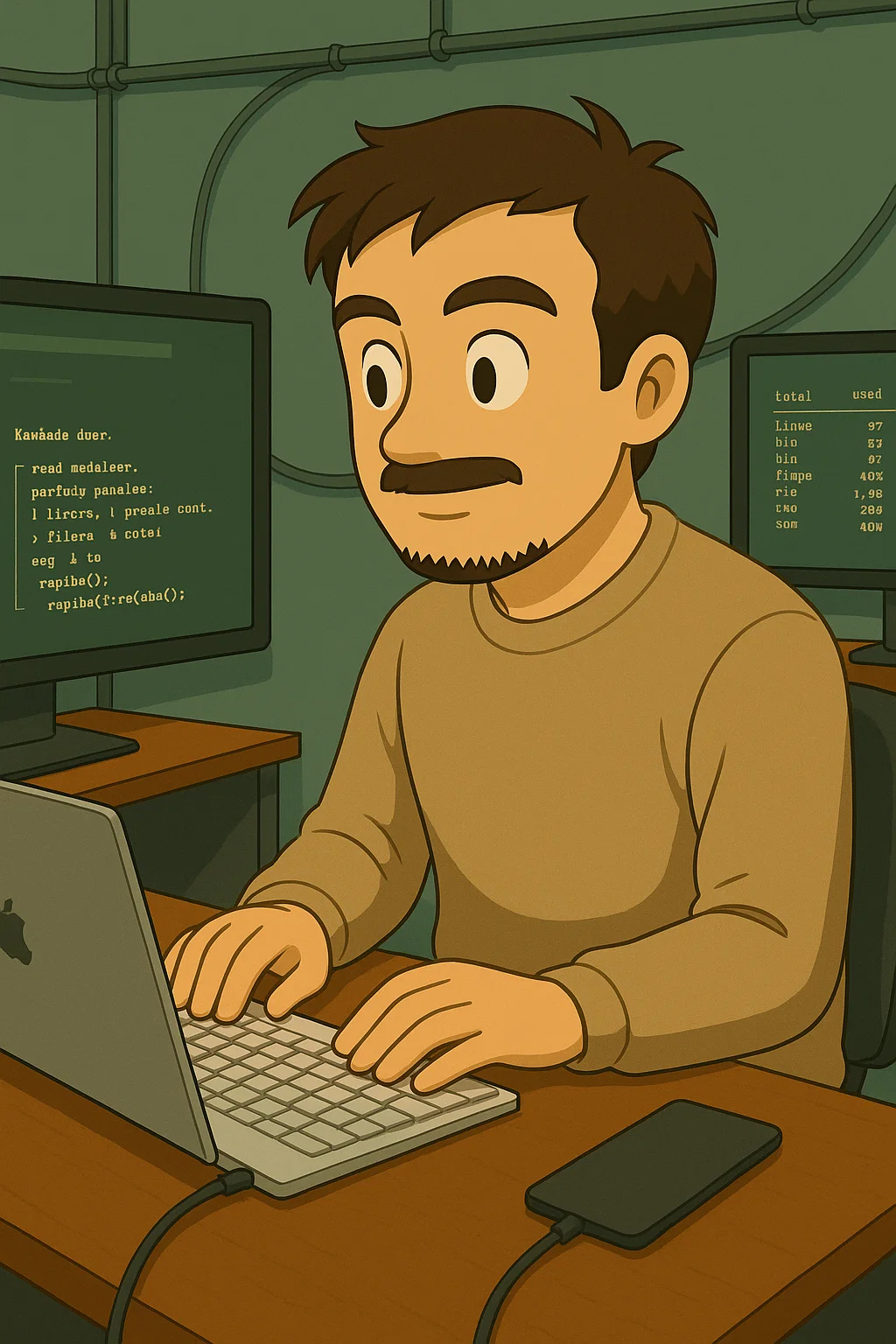 A developer concentrating at a laptop with code on screens.