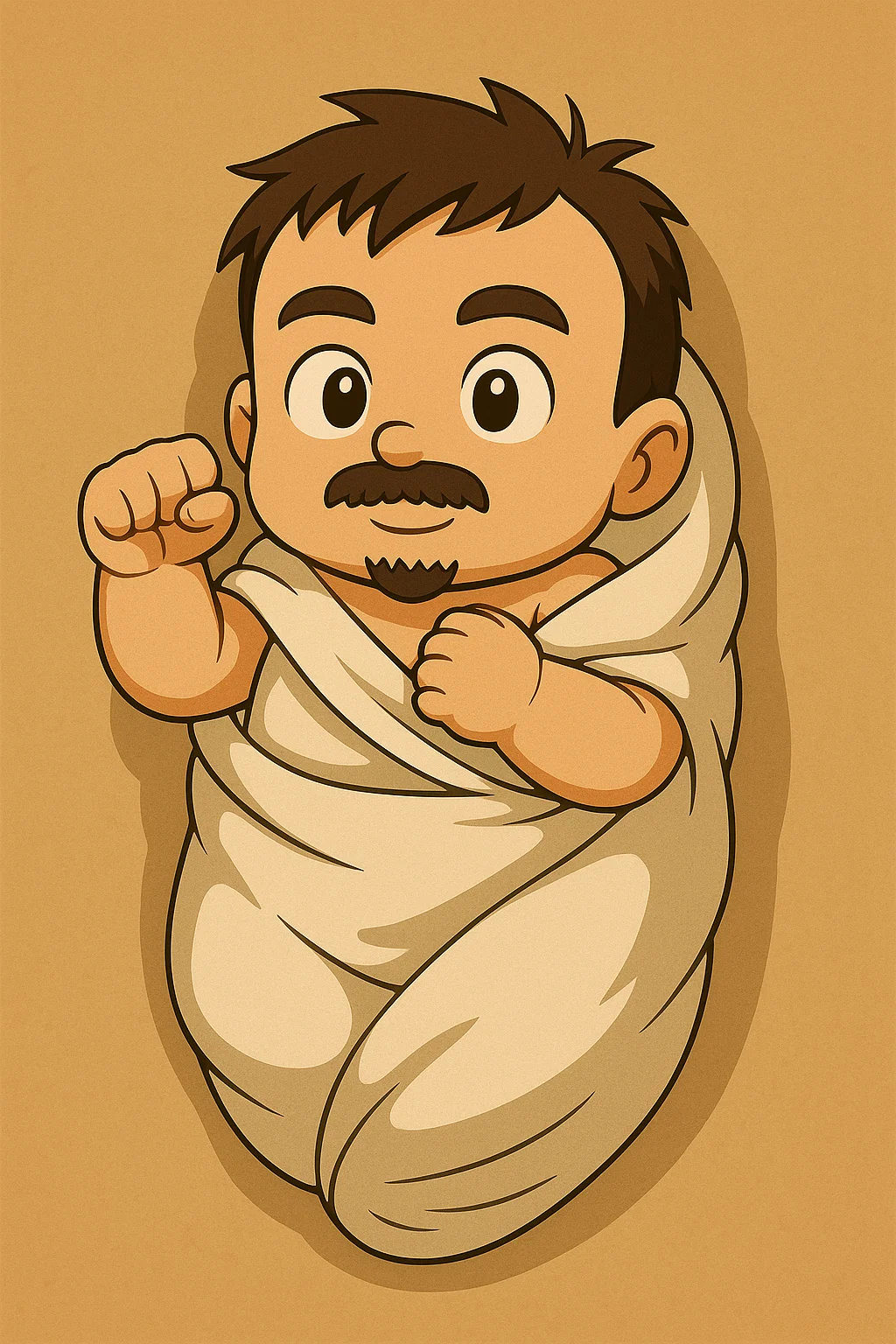 A baby wrapped in a blanket with a tiny fist raised.
