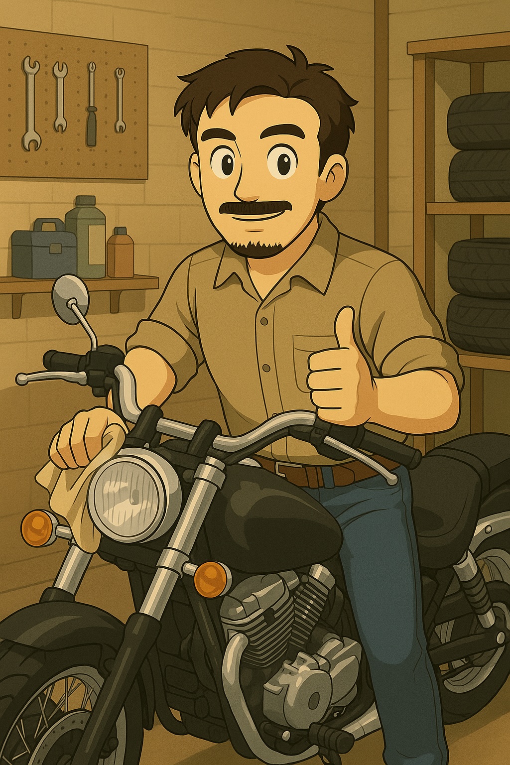 A mechanic smiling while working on a motorcycle in a garage.