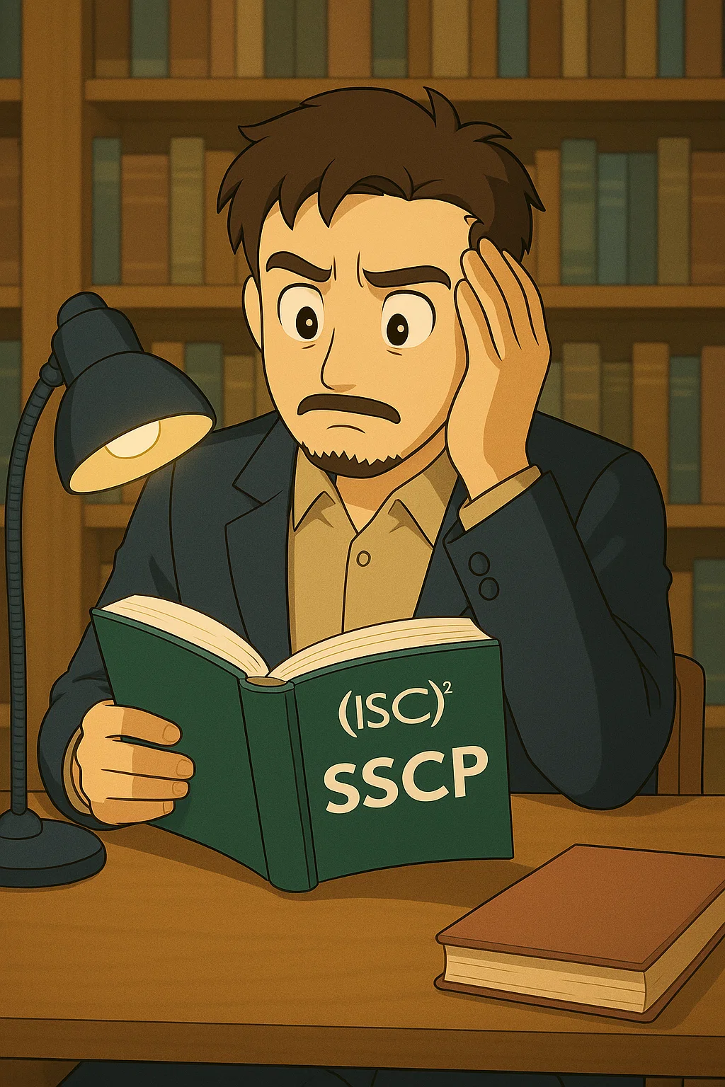 A professional studying an (ISC)2 SSCP book at a desk.