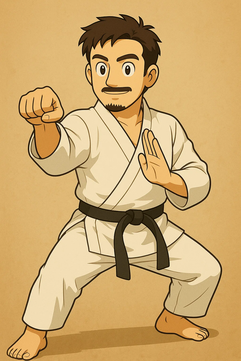 A martial artist in a white gi holding a focused stance.