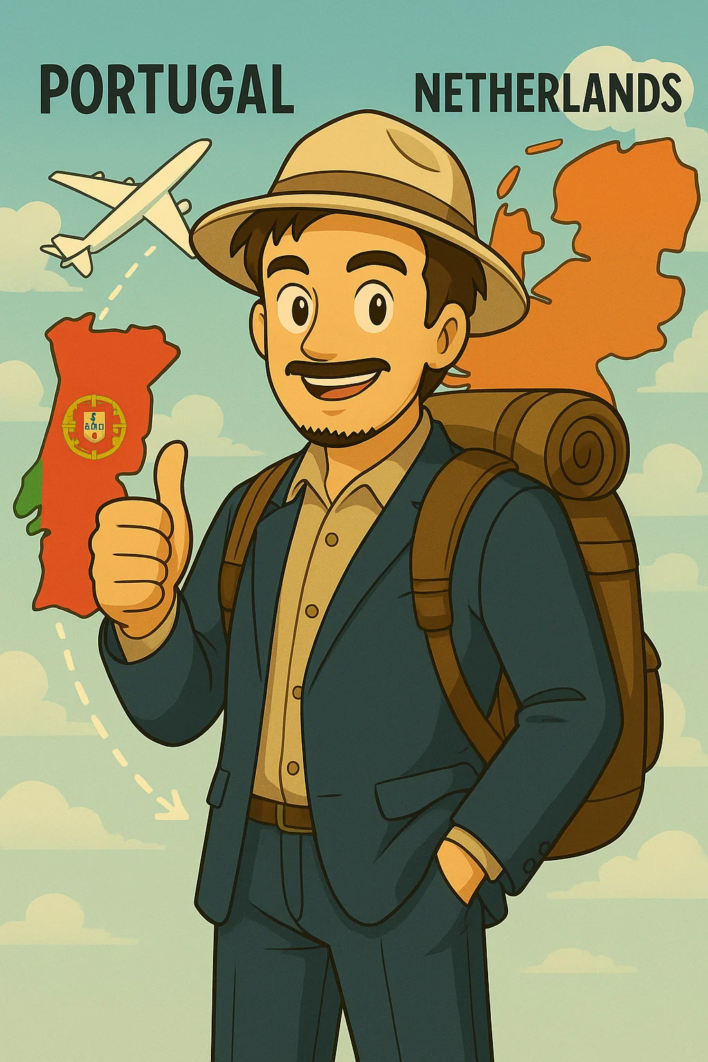 A traveler with a backpack between Portugal and the Netherlands.