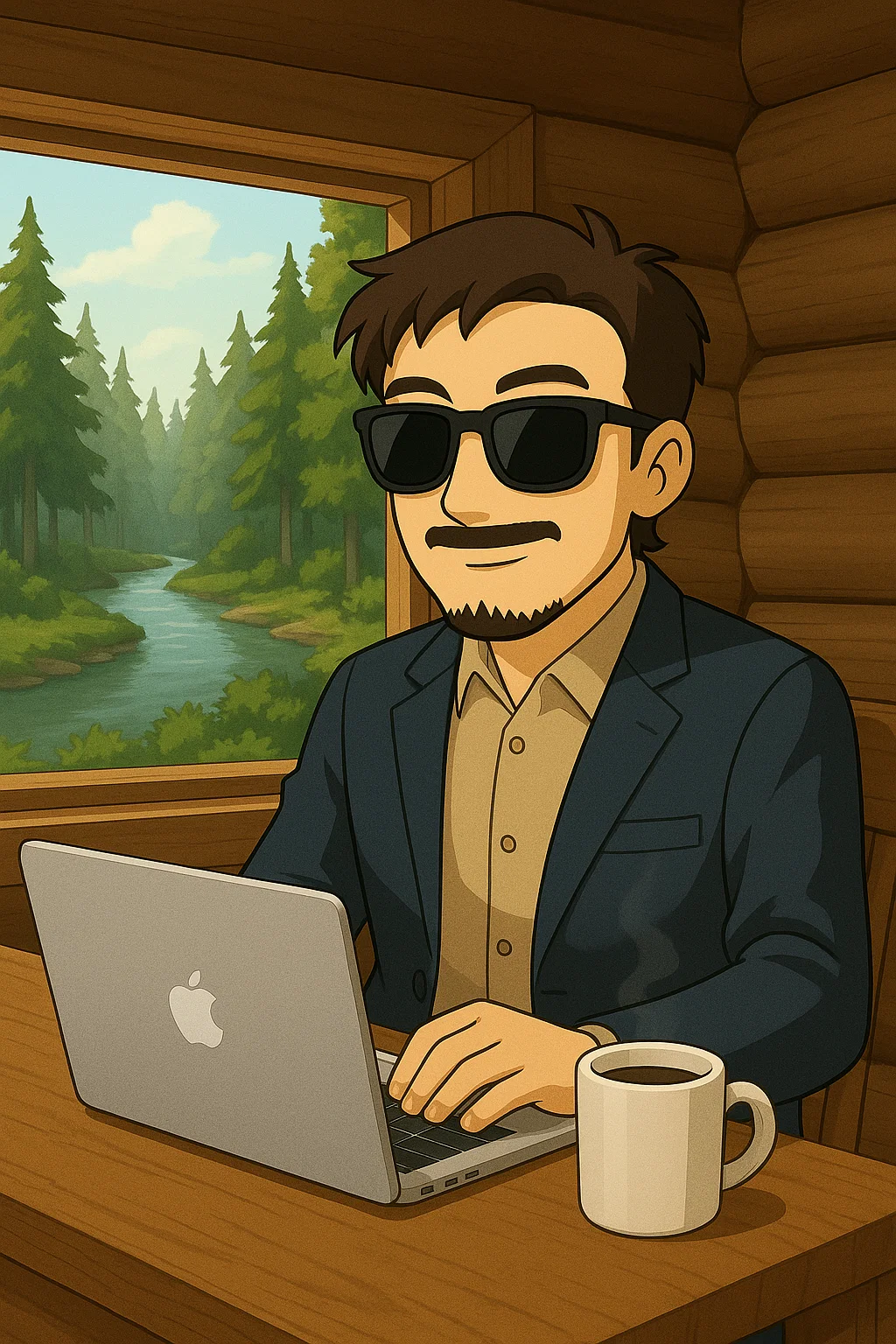 A remote worker in a cabin by the forest with a laptop and coffee.