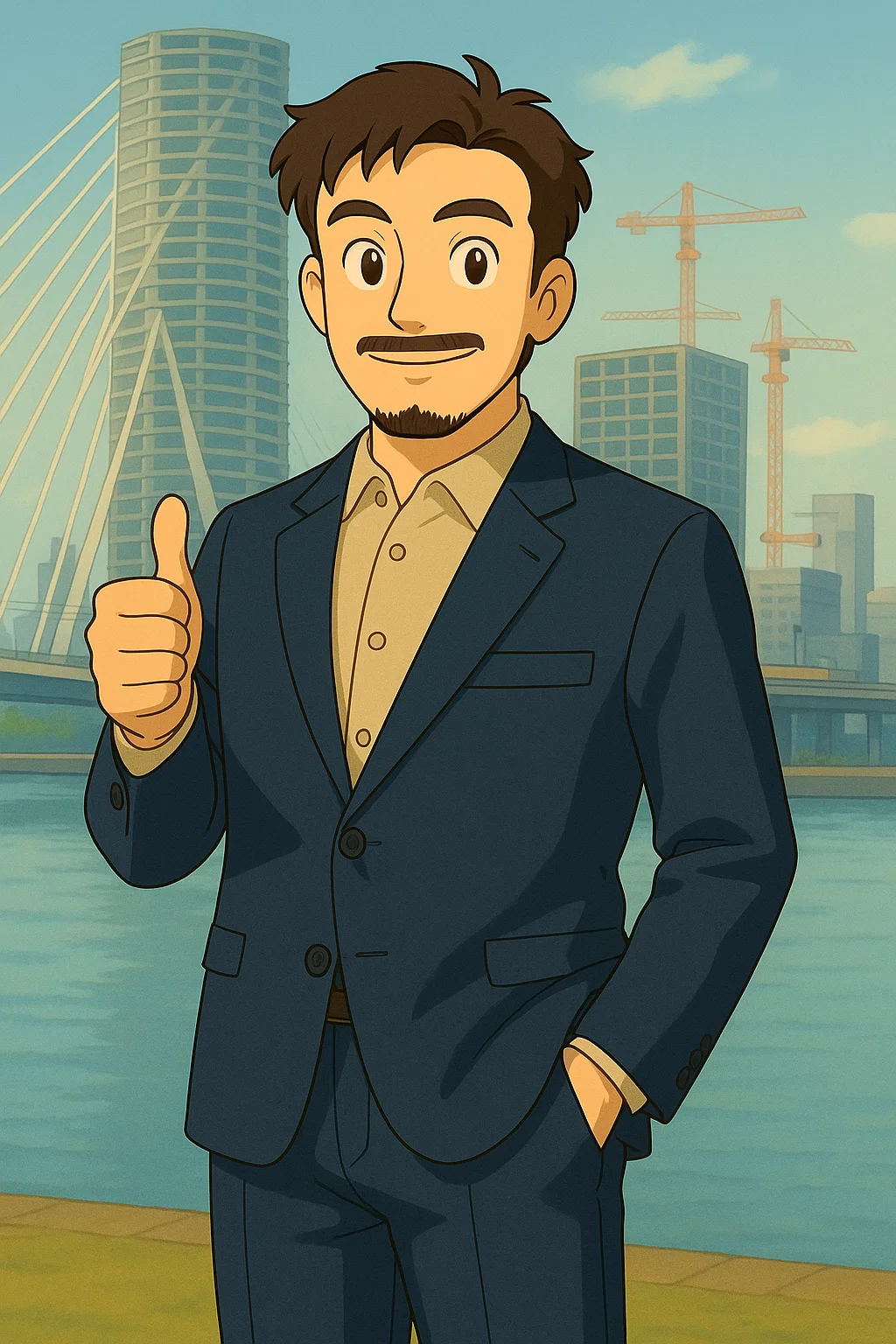 A professional giving a thumbs-up near city construction.